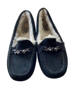 UGG Ansley Crystal Embellished Moccasin Slippers Black Suede Shearling Women's U
